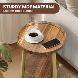 PPAMAPIC Round End Table, 2 Tier Side Table with Storage Shelf, Nightstand Accent Table for Living Room Bedroom Small Space, Golden Metal Frame, 15.7" D x 19.7" H, Rustic Brown