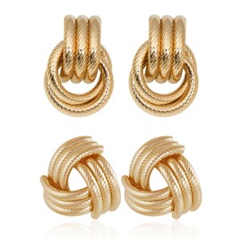 2 Pairs Chunky Gold Knot Earrings for Women Gold Twisted Dangle Earrings Chunky Gold Knot Studs Geometric Statement Earrings Trendy Jewelry Valentine Gifts for Her
