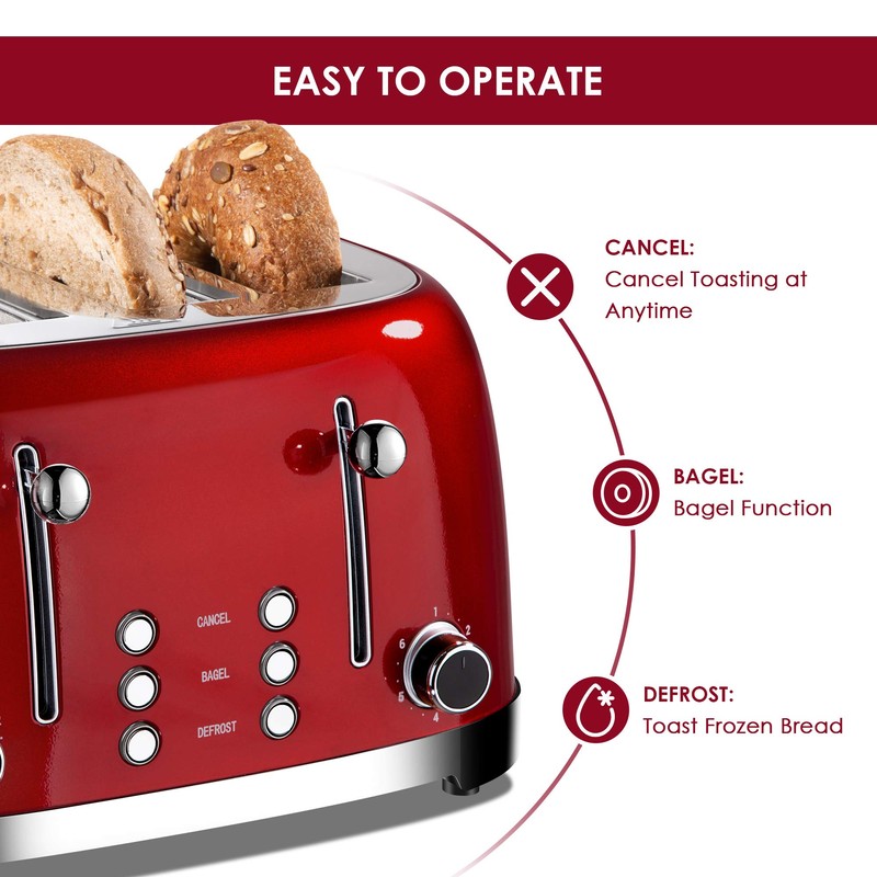 Roter Mond 4 Slice Toaster Retro Stainless Steel with Bagel