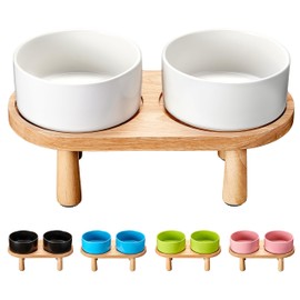 MOPANG Ceramic Elevated Dog Bowls, Pet Food and Water Bowl Set for Large Dogs, 7.5 Cups Dog Bowls Raised with Wood Stand, 61OZ, White