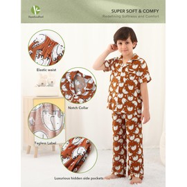 BambooBud Kids Boys and Girls Pajama Sets Short Sleeve Long Pants 2pcs Silky Sleepwear Button Down Unisex Loungewear 4T-8Y, Elephant, 5-6Y