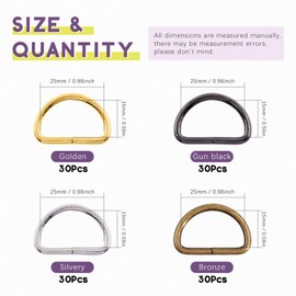 Swpeet 120Pcs 1 Inch / 25mm 4 Colors Heavy Dut Multi-Purpose Metal D Ring Semi-Circular D Ring for Keychains Belts Hardware Bags Ring DIY - Sliver, Bronze, Gold, Gun-Black