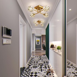 OKES Gold Modern Sputnik Chandelier Ceiling Light Fixtures,4-Lights Industrial Crystal Semi Flush Mount Ceiling Light for Bedroom Dining Room Hallway Kitchen Bedroom Entryway