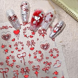 Bows Nail Art Stickers Decals 3D Self-Adhesive Bow Heart Star Nail Sticker Red Bows Stars Stickers Daily Acrylic DIY Manicure Decoration Bow Charms for Women and Girls