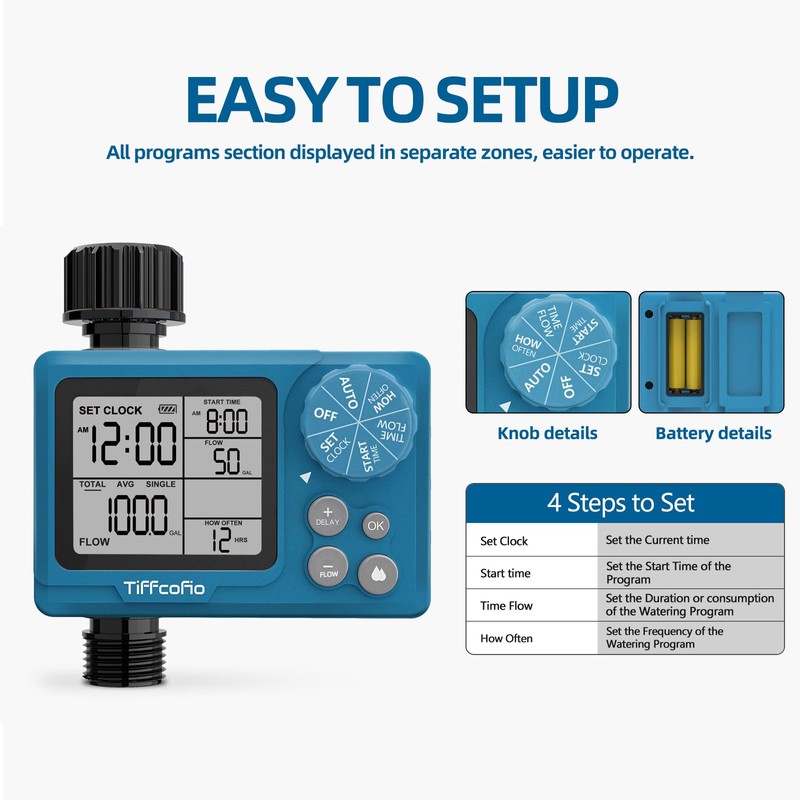 TiFFCOFiO Programmable Water Volume Control Sprinkler Timer, Water Duration Control