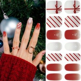DANNI & TONI Christmas Gel Nail Strips holiday Semi Cured Nail Strip White Snowflake (Frosted Cheer) Red Gift Gel Nail Stickers Tree Gel Nail Strip Gel Nail Wraps UV Gel Nails 28 Stickers For New Year