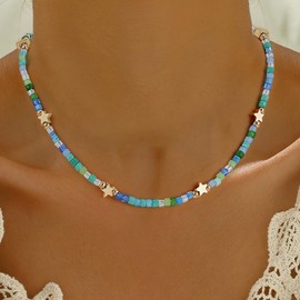 Eaciy Boho Bead Natural Stone Necklace for Women - Boho Colorful Bead Choker Necklace Heart Pearl Star Necklaces Waterproof Jewelry Summer Beach Choker Necklaces for Women Girls Gifts, Brass, No