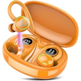 PEFUPEW Wireless Earbuds, Bluetooth Ear Buds Sport, Stereo Deep Bass Over Ear Buds with Earhooks, in Ear Earphones with 4 ENC Noise Cancelling Mic, 48H LED Display Headphone for Running, IP7, Orange