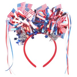 4th of July Flag Headband for Women, USA Flag Star Head Boppers Glitter Sequin Headband with Tinsel, Red Blue White Hair Hoop, Independence Day Hair Accessory, Patriotic Party Supplies