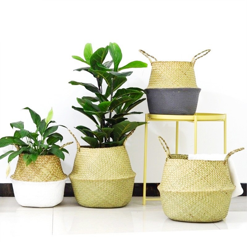 Foldable Storage Baskets Laundry Straw Patchwork Home Seagrass Belly Garden