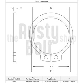 The Rusty Bolt Shop 13mm, External Circlip, Carbon Steel, Retaining Snap Ring, Outer, Retainer, Clip - 1