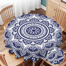 Yibeas Tablecloth Mandala Pattern Tablecloths 60" Diameter Round Blue and White Decorative Round Unusual Flower Shape Line Ornament Tablecloths for Dining Kitchen Wedding and Parties