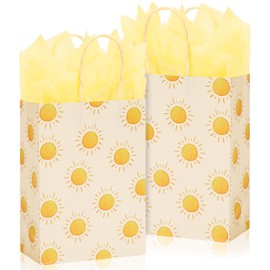 Whaline Boho Sun Party Favor Bag with 20Pcs Yellow Tissue Paper First Trip Around The Sun Gift Candy Treat Bag with Handles for Baby Shower Birthday, 12Pcs