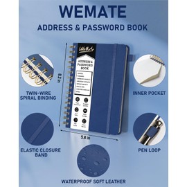 WEMATE Spiral Address Book with Alphabetical Tabs, Leather Password Book, Address Organizer Telephone Notebook Journal Keep Contact Safe Hardcover Large Print for Seniors Home Office 5.8″×8.2″, Blue
