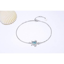 Blue Opal Sea Turtle Ankle Sea Turtle Bracelet Sterling Silver Anklet Jewellery for Women Gifts 4 Level Adjustable Anklet (Large Bracelet), Sterling Silver, Blue Opal