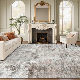 Soalmost 9x12 Area Rugs for Living Room, Non Slip Machine Washable Vintage Rugs, Low Pile Lightweight Large Rug for Bedroom, Dining Room, Home Office Grey Pink