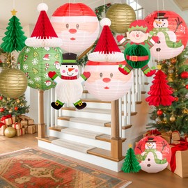 12Pc Gold Red Green Christmas Elf Paper Lantern Decoration Set, 3D Xmas Hat, Santa Claus, Snowman Tissue Paper Honeycomb, Indoor Outdoor Hanging Xmas Tree Star Garland Holiday Party Supply 12, 10, 8''