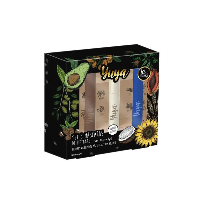 Pack X3 Máscaras Pestañas 10 Aceites Negra Café Azul Yuya