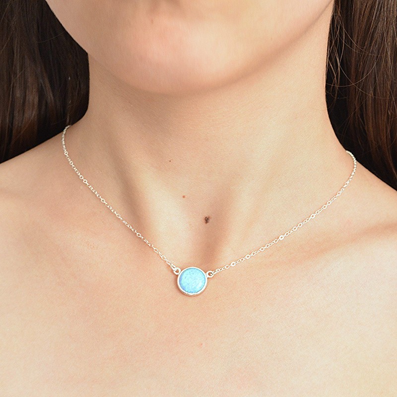 Blue Opal Pendant Necklace Sterling Silver Gemstone Circle 10mm Opal