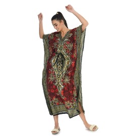 spurbayfashions Women's Kaftan - Gamla Print Tunic Kimono Long Maxi Dress for Loungewear, Holidays, Nightwear, Beach, and Everyday Cover Up Red
