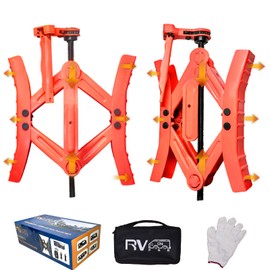 RVPNR Camper Wheel Chock Stabilizers,RV Heavy Duty Tire Chock Stabilizers,Travel Trailers Wheel Chock Scissor 2 Sets with Built-in Wrench, Tire Locking Chocks Accessories,RED