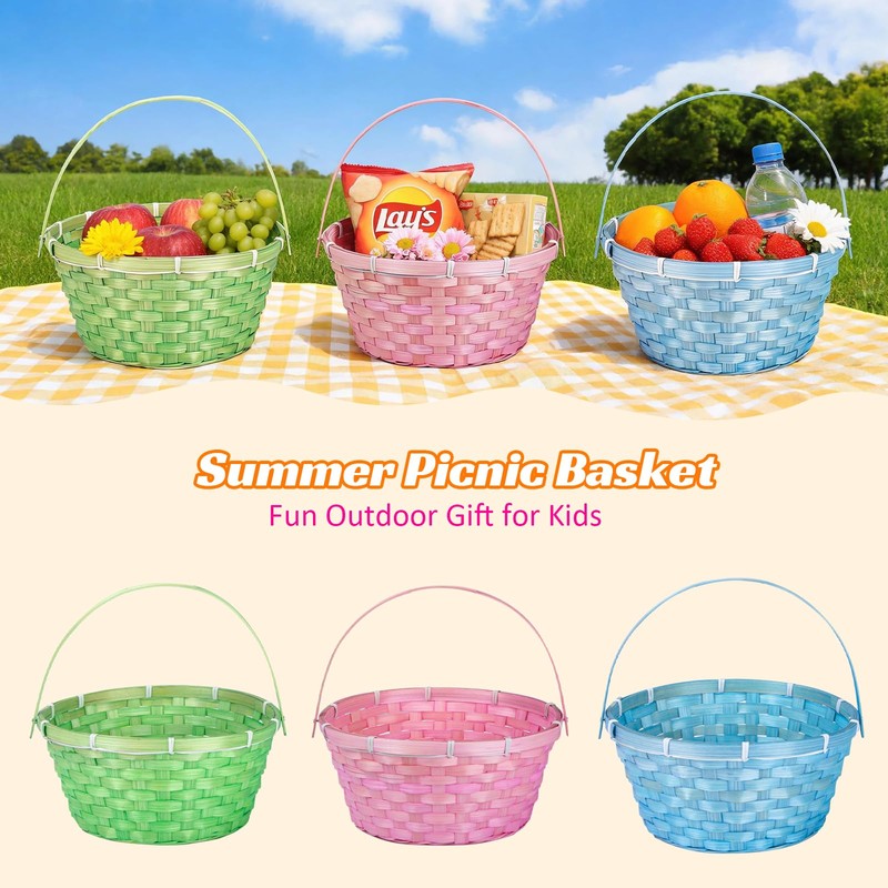 3 Pcs Large Woven Picnic Basket Bamboo Chip Woven Basket