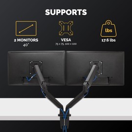 Fellowes Platinum Series Dual Monitor Arm for 40-Inch Monitors, Full Motion, 360° Rotation, VESA Mount with Grommet or Clamp, USB Ports, Ergonomic, Black, 8042501