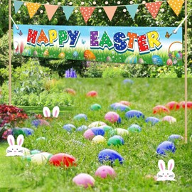 YQUQWN, Easter Decorations, Happy Easter Banner - 120 X 20 Inch, Welcome Spring Easter Themed Party Banner, Lawn Sign Backdrop Banner for Indoor Outdoor Easter Party Supplies