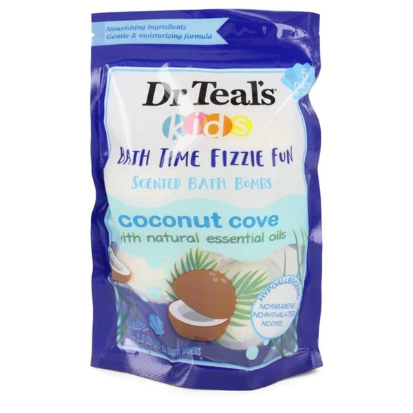 Ultra Moisturizing Bath Bombs by Dr Teal's Five (5) 1.6 oz Kids Bath Time Fizzie Fun Scented Coconut Cove with Natural Essential Oils (Unisex) 1.6 oz Men
