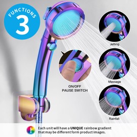 KAIYING Drill-Free High Pressure Handheld Shower Head with ON/OFF Switch, 3 Spray Modes - Polished Finish, Shower Head (Radiant Rainbow) + Bracket + Hose