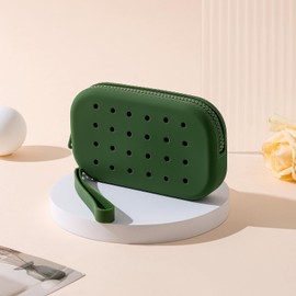 HHQQWZ Portable Silicone Makeup Bag for Women, Small Travel Toiletry Cosmetic Bag with Decorative Holes, Zipper Closure Organizer Makeup Case with Handle (Green)