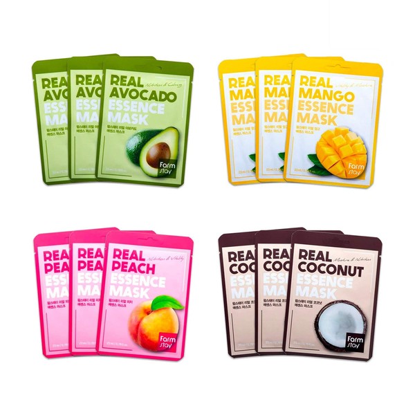 [Farmstay] Real Essence Mask(12-Combo) - Mango, Coconut, Peach, Avocado | Korean Skin Care Mask Sheet