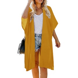 Women's Solid Puff Sleeve Kimono Long Cardigan Loose Cover Up Casual Blouse Top Chiffon, Golden, One Size