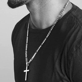 ZogCowy Cross Necklace for Men Mens Stainless Steel Silver Gold Black Plain Cross Pendant Chain for Men 3:1 Figaro Link Chain 4mm 5mm 6mm Width 24 Inches Length