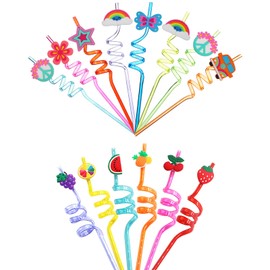 KALUROIL 14 Children's Reusable Plastic Straws with Fruit Theme + Hippie Retro Theme - Perfect for Parties and Birthdays