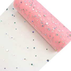 Yuanchuan Laser Sequin Glitter Tulle Rolls 6 inch x 10 Yards (30 feet) Color for Table Runner Chair Sash Bow Pet Tutu Skirt Sewing Crafting Fabric Wedding Birthday Ribbon (Light Pink)