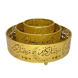 3Pcs Ramadan Serving Tray Eid Pastry Tray Ramadan Dinner Plate Tray Food Pastry Dessert Display Holder Round Metal Serving Tray for Islam Muslim Party Festival Table Decor 10cm 15cm 20cm Type 3