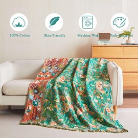 Boho Throw Blanket - 60"x80" 100% Cotton Ultra Soft Lightweight Summer Blanket, 4-Layer Breathable Muslin Blankets for Bed Couch, Reversible Green Floral Printed Bohemian Cotton Quilt