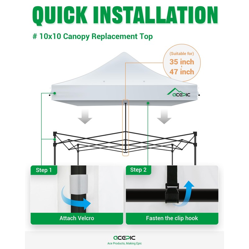 Acepic Heavy Duty 10x10 Peak Pole Canopy Replacement Top Cover