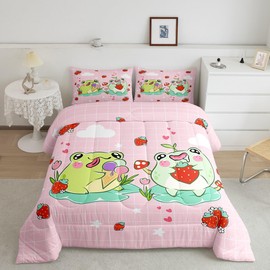 Homewish Cartoon Frog Comforter Set Full Size Red Mushroom Strawberry Bedding Bedroom Decor Cute Stars Cloud Pink Grid Quilt Kawaii Animals Plants Duvet Insert 3Pcs (ZZRS2949ZMD-BZ_USf)