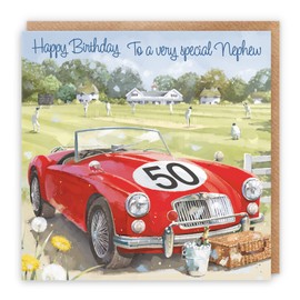 Hunts England - 50th Nephew Classic Sports Car Birthday Card - Happy Birthday - 50 - To A Special Nephew - Artistic Car Birthday Card - Milo's - Cricket Match
