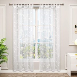WOLTU #1896-2 Set of 2 Transparent Curtains, Embroidered Flowers, with Loops, Linen Look, Double Pack Curtain Stores, Voile Window Curtain, Decorative Curtain for Living Room, Bedroom