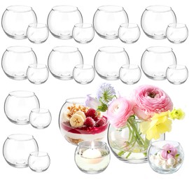 24 Pack Glass Bubble Vases,Small flower bud vases bulk,4"W x3"H Set of 12 Pcs Clear Bowl Vase,2.6"W x2.2"H Set of 12 Pcs Round Candle Holders,Mini Globe Vase Centerpiece for Wedding Party,Home Decor