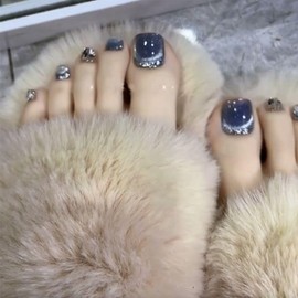 Nail Tip, Foot 24 Pieces, Foot Thumb Nail Seal, Foot False Nail, Blue, Diamond, 3D Nail Seal, Nail Tip, Foot Nail, Cat Eye, Fall, Winter, Spring, Summer, Daily Life, Gel Nail Tip, Summer Nail, Summer,