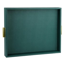 HofferRuffer Extra Large Serving Tray with Handles, Elegant Faux Leather Storage Decorative Tray for Coffee Table, Ottoman, Console Table (Green Tray+Golden Handle)