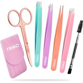 Triko Juego de Pinzas de Depilar para Cejas con Tijeras Curvadas, Juego de 6 Pinzas Profesionales para Cejas, Herramientas de Belleza con Estuche de viaje de cuero (Multicolor)