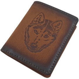 myledershop Small Genuine Buffalo Full Leather Wallet/Wallet/Wallet in Portrait Format with Husky Motif and RFID & NFC Protection, Cognac, Modern