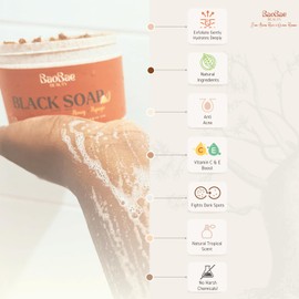 BaoBae Beauty Black Soap Scrub - Natural Exfoliating Body Wash with Honey, Papaya Oil, Shea Butter, and Vitamin E and C - 200G