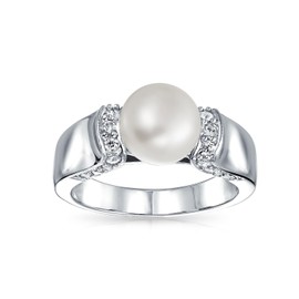 Bling Jewelry Freshwater Cultured Button Pearl Statement Promise Ring Pave CZ Art Deco Style Rhodium Plated