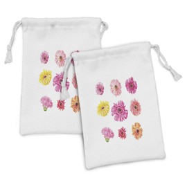 Ambesonne Daisy Fabric Pouch Set of 2, Gerbera Flower Heads in Pink and Yellow Shades Watercolor Aquarelle Art Floral, Small Drawstring Bag for Toiletries Masks and Favors, 9" x 6", Multicolor